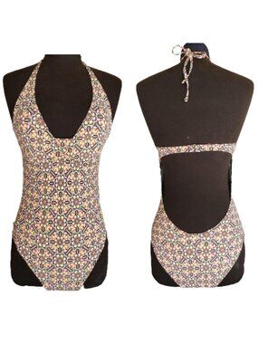 Echo Womens Halter Swimsuit S One Piece Cutout Design Colorful Bathing Suit Swim